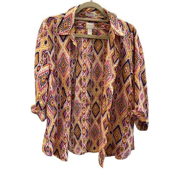 Chicos Shirt Womens Size Medium 100% Linen Coastal Casual Multicolor Button Up - Picture 1 of 13